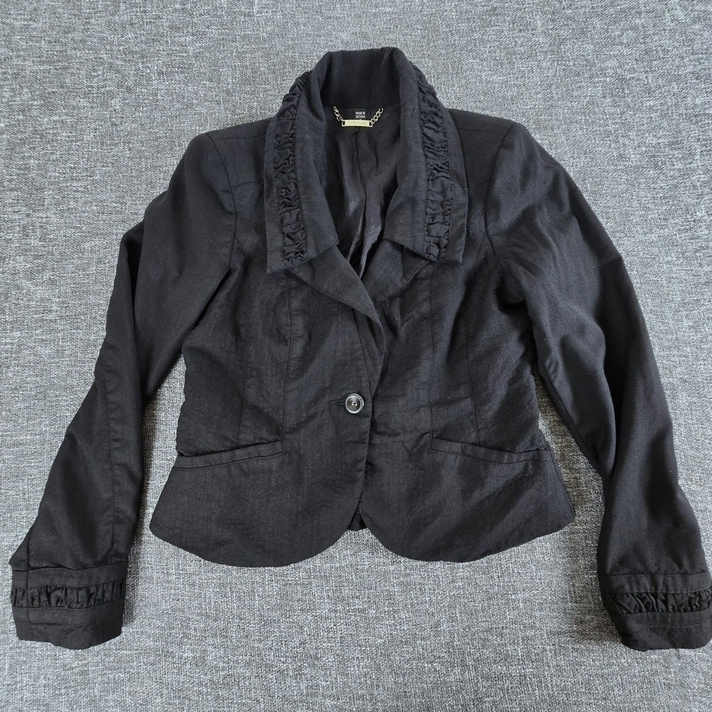 Bebe Womens Black Wool Blend Ruffle Trim Single Button Blazer Jacket Size 10
